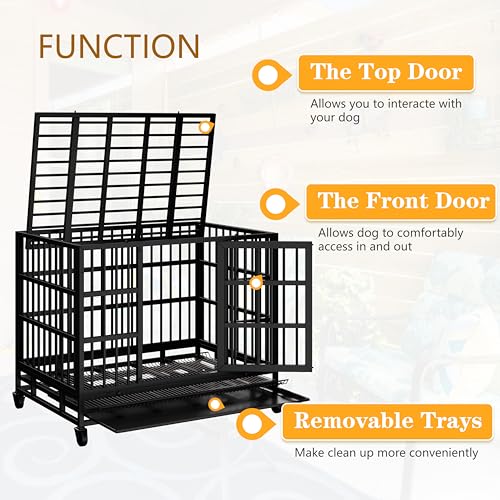 JY QAQA 48 38 Inch Heavy Duty Indestructible Dog Crate Double Doors Escape Proof Cage Kennel (48.8"L x 29.9"W x 35.6"H)