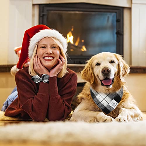 White Black Plaid Dog Bandanas Matching Dog Bandana and Scrunchie (Golden,White / Large)