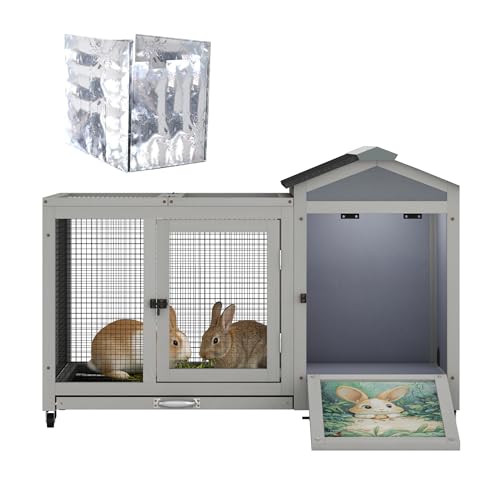 39IN Heated Rabbit Hutch with Wheels (Grey)