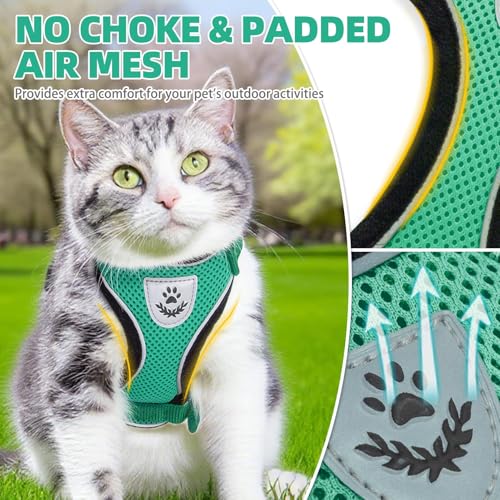 Cat Harness and Leash Set Escape Proof Reflective Cat Walking Harness Adjustable Soft Breathable Mesh Vest for Small Pets (XS (NECK 8.5", CHEST 11"-14") / Dark Green)