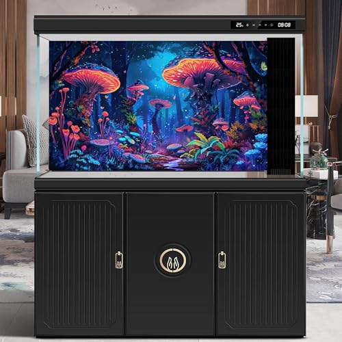 Mushrooms Aquarium Background Fantasy Bright Flowers Butterflies Fish Tank Backdrop Decoration Poster Trippy Wonderland Landscape with Giant Mystical Mushrooms Terrarium Background Decor 24x12in (24(W)x12(H)in / Blue Red)