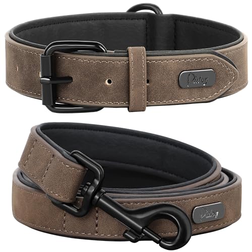 PU Leather Dog Collar and Leash Set (M: Neck 11-15", Width ¾" / Brown Set)