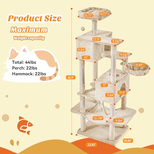 66 Inch Large Cat Tree Tower with Scratching Posts (Beige / 66.9Inch)