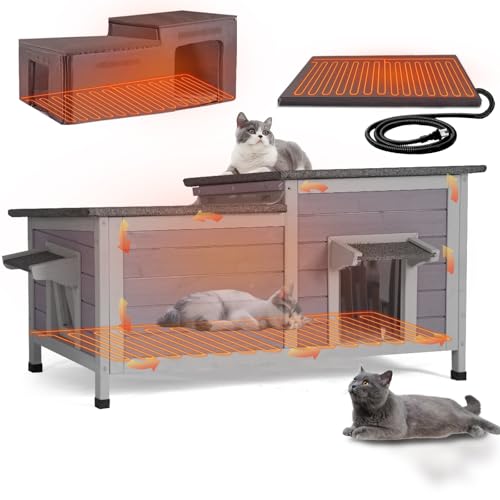 Large Heated Cat House Outdoor Insulated Cat House Weatherproof Feral Cat Shelter with Thermostat
