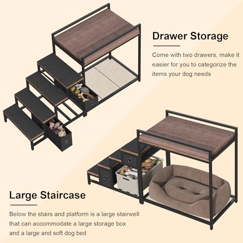 Pet Bunk Bed with Removable Stairs and 2 Drawers (Brown+Black)