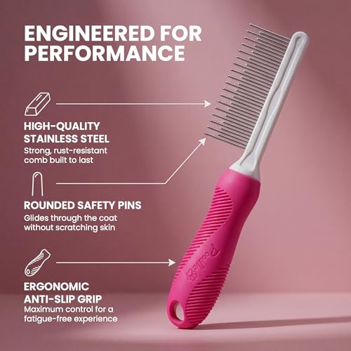 Poodle Pet Detangling Pet Comb with Long & Short Stainless Steel Teeth for Removing Matted Fur (Pink / Detangling Pet Comb)