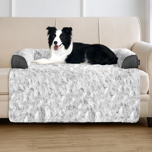 Calming Dog Bed for Couch with Cozy Raised Edge (Grey / 41"L x 37"W x 5"Th)