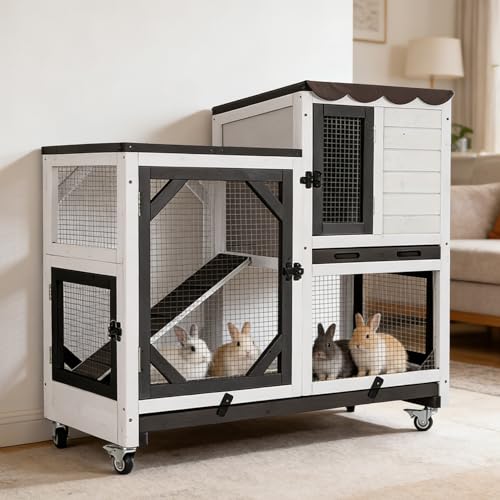 Wooden 2 Story Rabbit Hutch Indoor Outdoor (Black&White / 39.3"L x 22.0"W x 36.8"H)