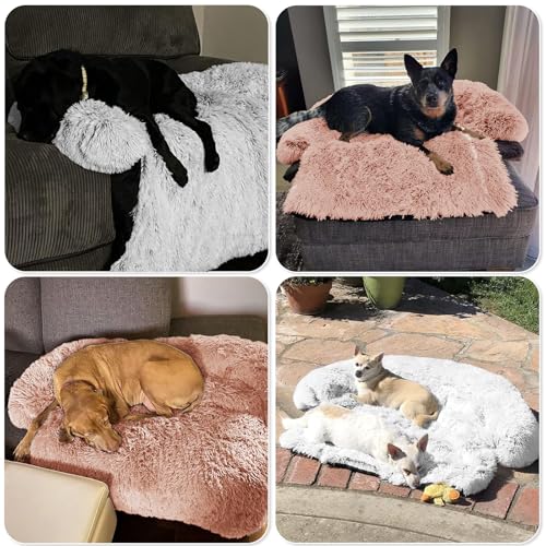 Calming Dog Bed Fluffy Plush Dog Mat for Furniture Protector with Removable Washable Cover for Large Medium Small Dogs and Cats (Pink / 41.0"L x 37.0"W x 6.0"Th)