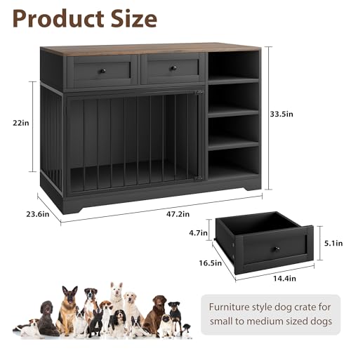 47" Medium Dog Crate Furniture with Storage (Black / 47.2"L x 23.6"W x 33.5"H)