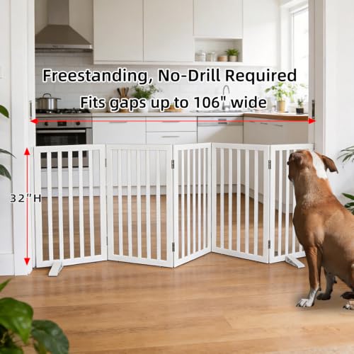 Freestanding Indoor Dog Gate for House Foldable Wood White Puppy Gate for Doorways Pet Gate for Stairs Extra Wide Pet Fence 32" Height 6 Panels (White / 【6 Panels】120''w x 32''h)
