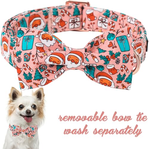 Christmas Day Dog Collar with Bow Pink Christmas Man Cotton Puppy Collars for Small Medium Large Dogs (Extra Small / Old man gift bow)