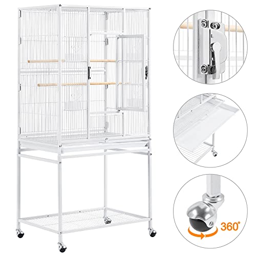 54" Large Flight Bird Cage for Parrots Macaw Cockatiels Sun Parakeets Lovebird Green Cheek Conures African Grey Small Quaker Amazon Parrots with Rolling Stand (White)