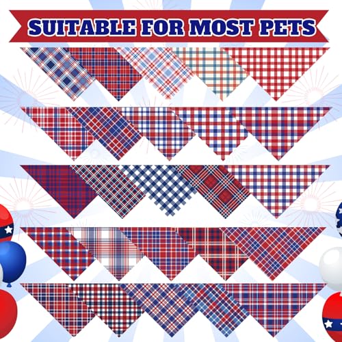 50 Pcs Veterans Day Dog Bandanas Bulk (Red White Blue Plaid / 25.6 x 17.7 x 17.7")