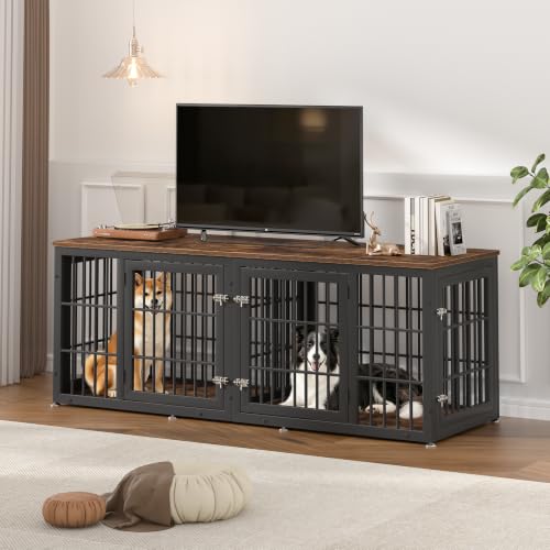72" Heavy Duty Double Dog Crate Furniture for Large (Black + Rustic Brown / 72.8"L x 25.6"W x 27.5"H)