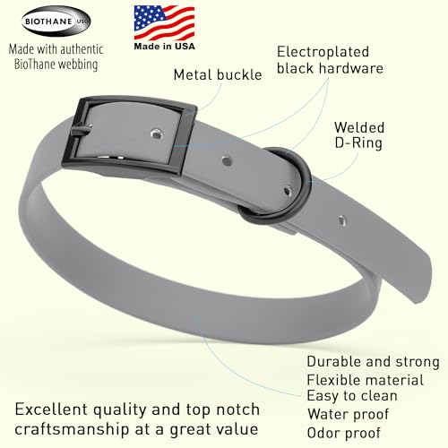 Biothane Waterproof Dog Collar Strong Coated Nylon Webbing with Black Hardware Odor (W5/8" x L12-15" / Battleship Gray)