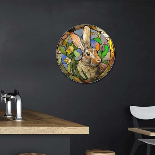 Metal Sign Tin Sign Circular Stained Glass Rabbit Metal Garden Sign for Pet 12×12 Inches (12×12 Inches / Rabbit)