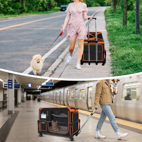 Side Expandable Extra Large Cat Carrier with Litter Box and Wheels (Black with Wheels)