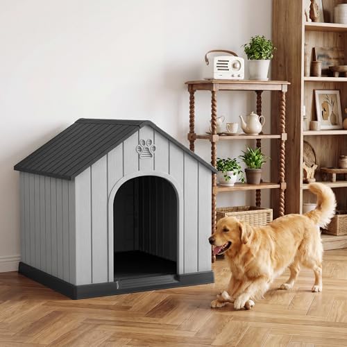 Large Dog House for Outdoor Indoor Use Stable Plastic Waterproof Doghouse with Air Vents and Elevated Floor Easy to Clean and Assemble for Medium to Large Dogs (Black / 36''L×38''W×38''H)
