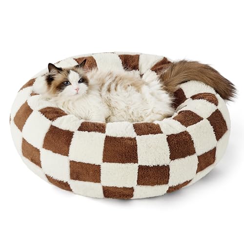 Shown on TV Jacquard Donut Cute Cat Beds Indoor (20.0"L x 20.0"W x 6.0"Th / Brown Checks)