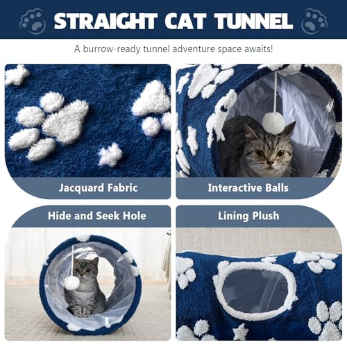 Straight Cat Tunnel for Indoor Cats 47"x12" (Blue Paw / Straight)