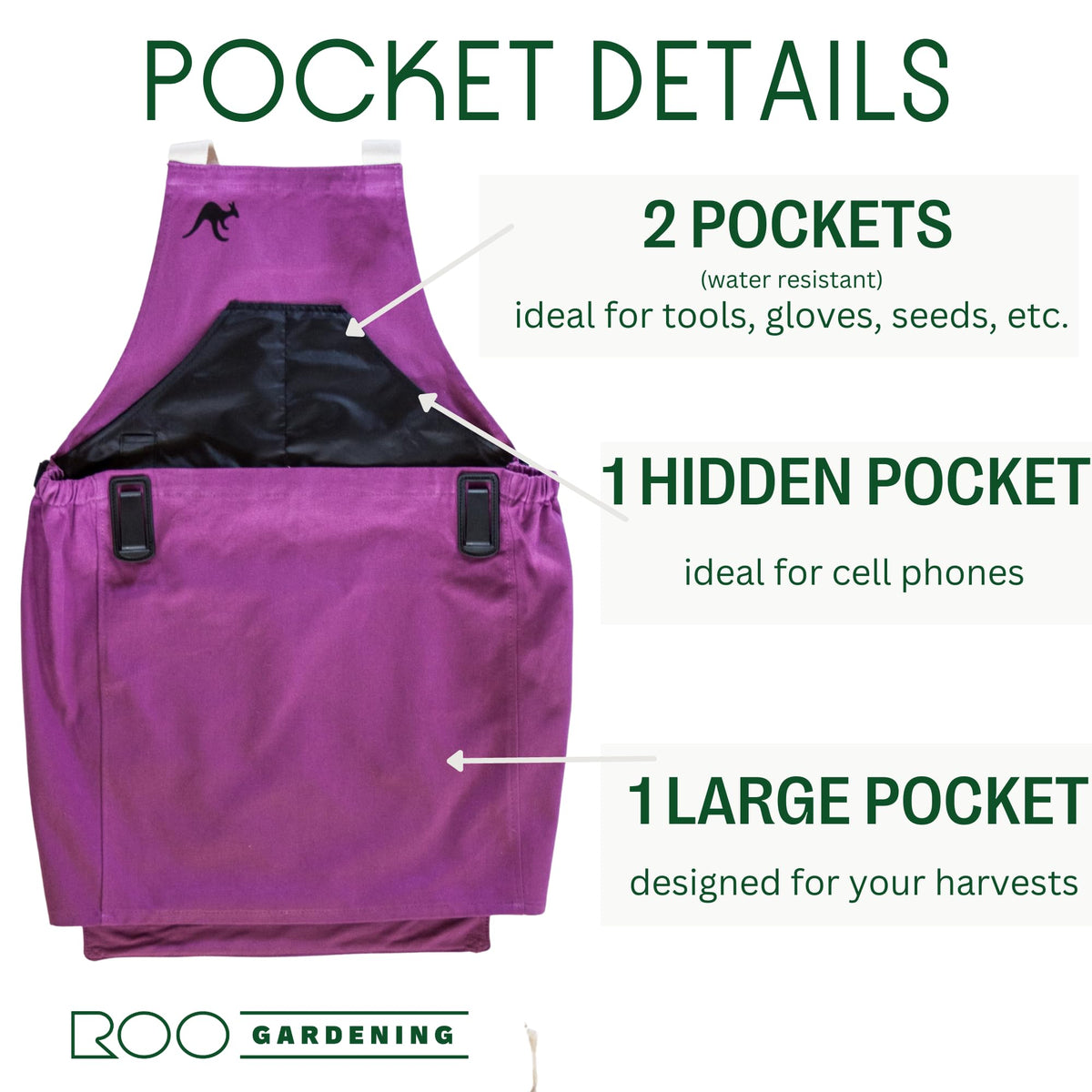 Roo Gardening Apron with Pockets for Women & Men (Roo-full Size / Purple Orchid)