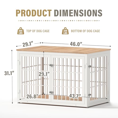46" Heavy Duty Dog Crate Furniture for Large Dogs (White + Natural / 46.0"L x 29.1"W x 31.1"H)