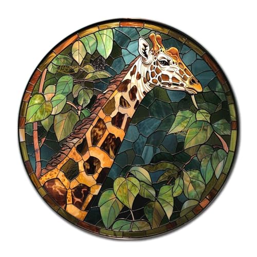 Metal Sign Tin Sign Circular Stained Glass Giraffe Funny Sign for Patio 12×12 Inches (12×12 Inches / Giraffe-2)