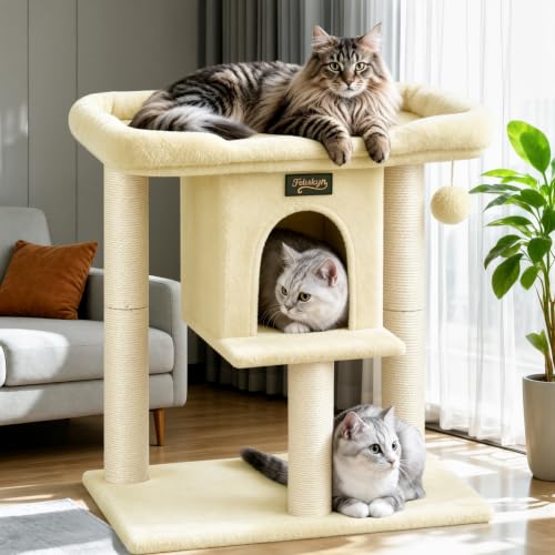 Cat Tree Tower Scratching Post for Indoor Large Adult Cats with Perch Bed (Beige / 28 Inches)