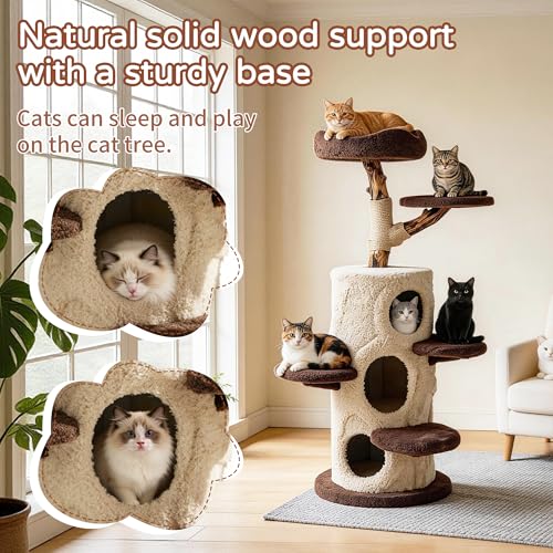 54.7" Luxury Solid Wood Cat Tree for Small to Medium Cats (55'')