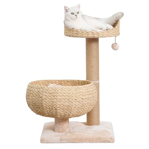 3 Level Handwoven Paper Rope Cat Basket Bed and Perch with Scratching Post (Light Brown)