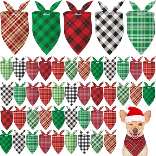 50 Pcs Christmas Red and Green Plaid Dog Bandanas Bulk for Large (Red Green Plaid / 31.5 x 21.7 x 21.7 Inch)