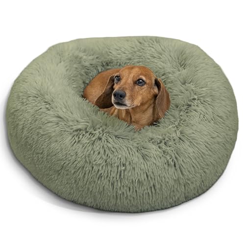 The Original Calming Donut Dog Bed for Small Dogs up to 25 lbs (Sage Shag / Small)