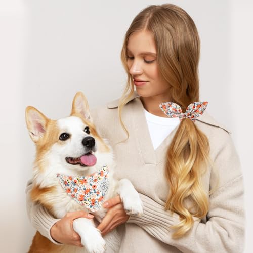 Floral Dog Bandanas Girl Matching Dog Bandana and Scrunchie Small (01-orange floral / Small-set of 1)