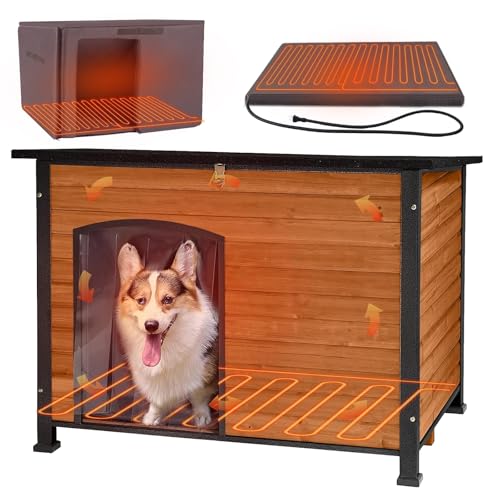 Large Heated Dog House Outdoor 43.3" L Insulated Winter Dog Kennel with Metal Frame for Medium to Large Dogs Outside with Heater and Insulated Liner for Winter