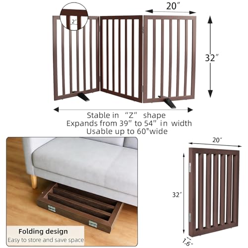 Freestanding Indoor Dog Gate for House Foldable Wood Puppy Gate for Doorways Pet Gate for Stairs Extra Wide Pet Fence (Brown / 【3 Panels】60''w x 32''h)