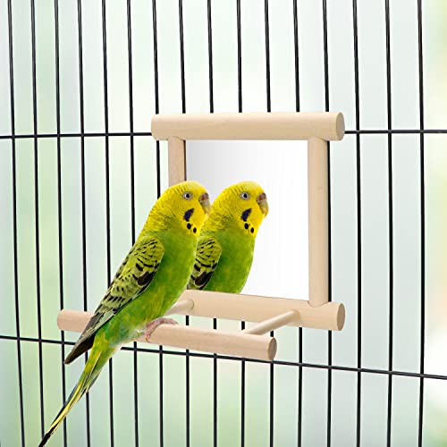 Bird Mirror with Perch for Parakeet Cage Bird Toys (Wood color)