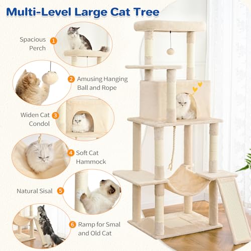 63" Multi Level Cat Tree Tower for Indoor Cats (Beige)