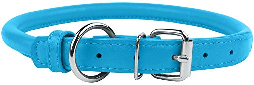 Tangle Free Rolled Leather Dog Collar (Light Blue / L)