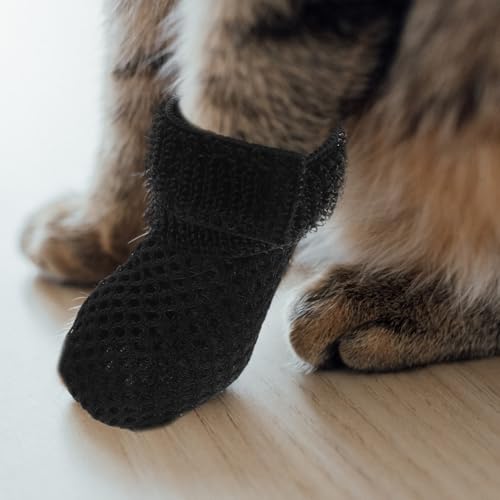 Cat Claw Caps 4 Pack Adjustable Cat Foot Covers Paw Protector Shoes Booties for Feeding Medicine Anti Scratch Socks for Grooming and Everyday Use (Black / 8X7X0.5CM)