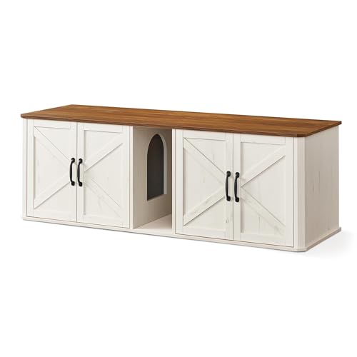 Double Cat Litter Box Enclosure (Honey Brown + Rustic White / XXL (59"L x 19"W x 19.5"H))