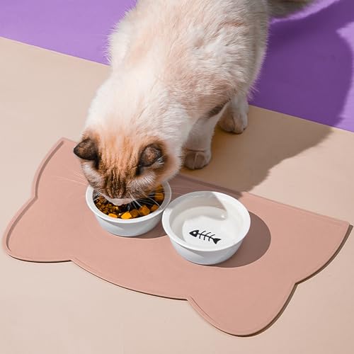 Cat Food Mat Silicone Non Slip Dog Bowl Mat Waterproof Cat Feeding Mat Stop Food Spills and Water Messes Out to Floor Pet Food Mat (Tea Rose / 24'' x 14'')