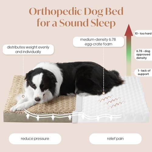 Dog Bed Mat Plush 3.5in Orthopedic Pad for Large Dogs up to 90 lbs Waterproof Removable Cover Machine Washable for Extra Large Dogs (Light Brown / XL)