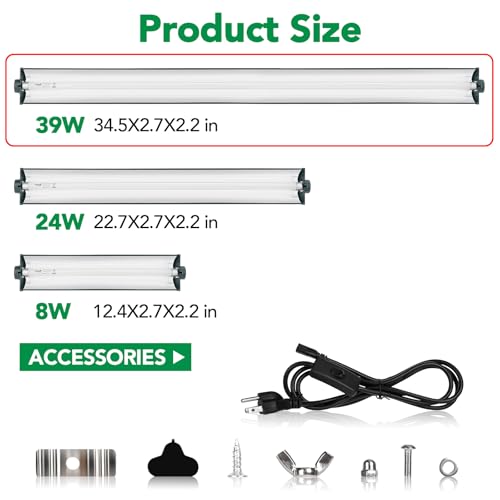 T5 Reptile Light Fixture Green Combo Kit 39W Light Fixture Reptile Terrarium Hood 10.0 UVB Light Bulb Fluorescent Tube Ideal for Tropical and Deserts Such as Bearded Dragon Lizards and Tortoises (39W-Green / 39W 34.5IN Green)
