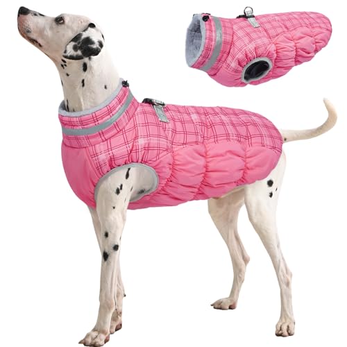 Dog Winter Coat Fleece Warm Large Dog Coat with Harness Built in (Rose Plaid / L(chest:24in))