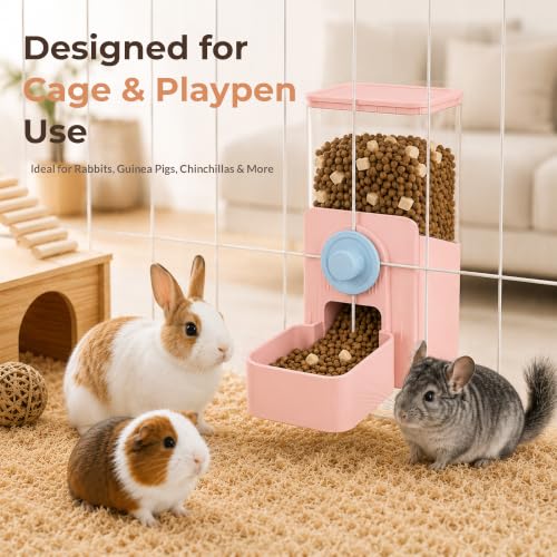 41 oz Hanging Gravity Feeder for Small Animal Cages Rabbit & Guinea Pig (Pink)