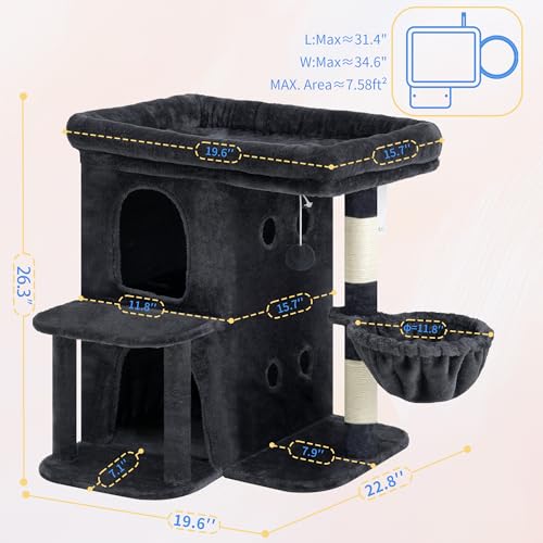 26.3" Cat Tree for Large Cats with Big Perch & Dual Condos HCT204SG (Smoky Gray / 26.3 inch)