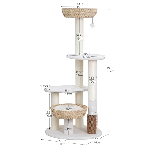 Handwoven Cat Tree with 2 Basket Beds & Sisal Scratching Posts (Beige)