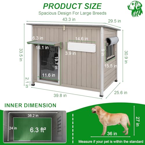 Dog House Outdoor Weatherproof & Wooden Dog Kennel with Chew (43" L x 30" W x 33" H)