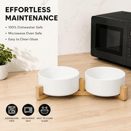 Ceramic Dog and Cat Bowl Set with Wooden Stand (5 cups / White × 2)